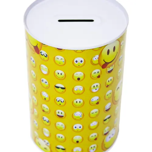 Alcancía de metal estampado emojis de 10x10x15cm