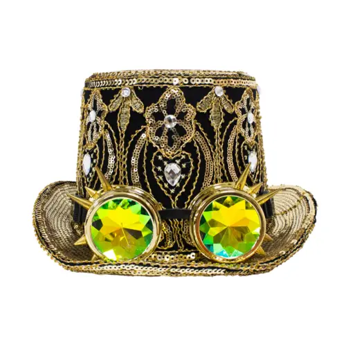 Sombrero dorado con lentes verdes de picos