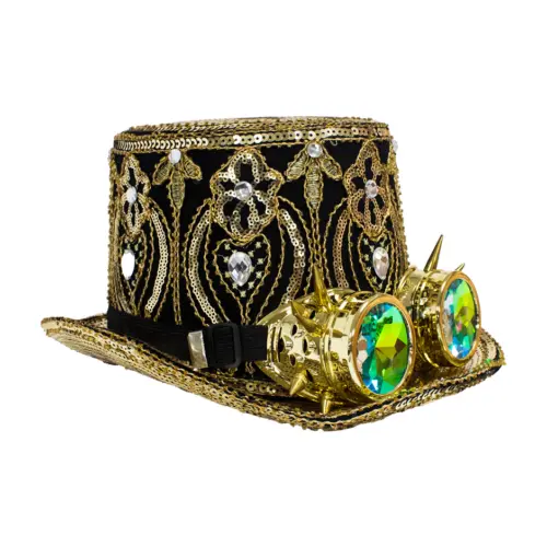 Sombrero dorado con lentes verdes de picos
