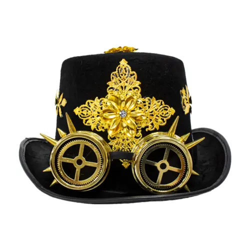 Sombrero negro con detalles dorado y lentes