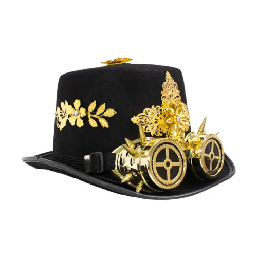 Sombrero negro con detalles dorado y lentes