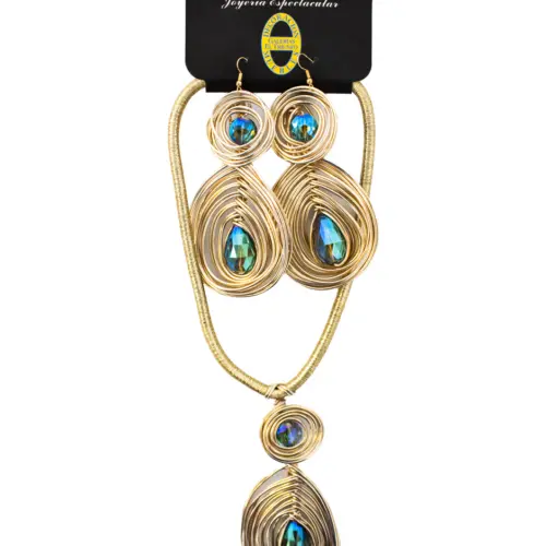 Juego de collar y aretes diseño circulos dorados con piedra azul de 11x44x1cm