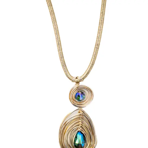 Juego de collar y aretes diseño circulos dorados con piedra azul de 11x44x1cm