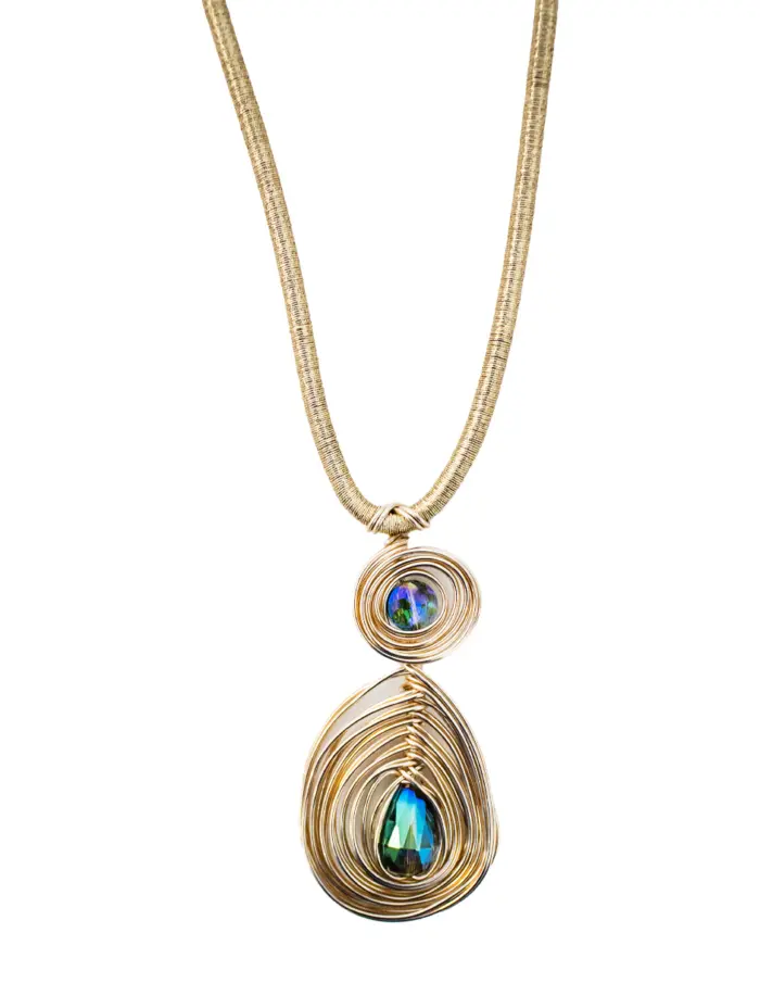 Juego de collar y aretes diseño circulos dorados con piedra azul de 11x44x1cm - Image 2