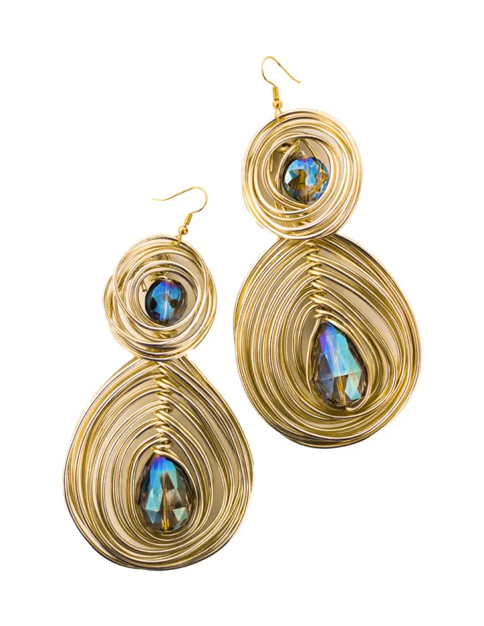 Juego de collar y aretes diseño circulos dorados con piedra azul de 11x44x1cm - Image 3