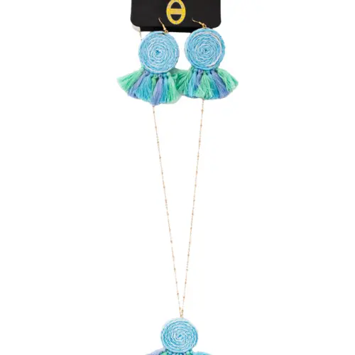 Juego de collar y aretes diseño hilos azul de 7x72x1cm
