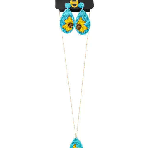Juego de collar y aretes diseño chaquira azul con amarillo de 6x70x1cm