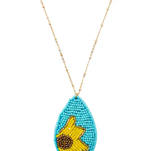 Juego de collar y aretes diseño chaquira azul con amarillo de 6x70x1cm