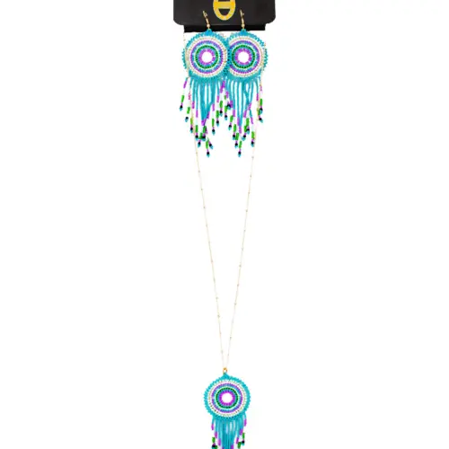 Juego de collar y aretes diseño chaquira azul de 13x72x1cm