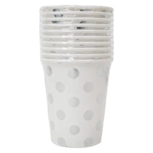 Paquete de 10 piezas de vaso desechable blanco con puntos plateados de 7x9cm