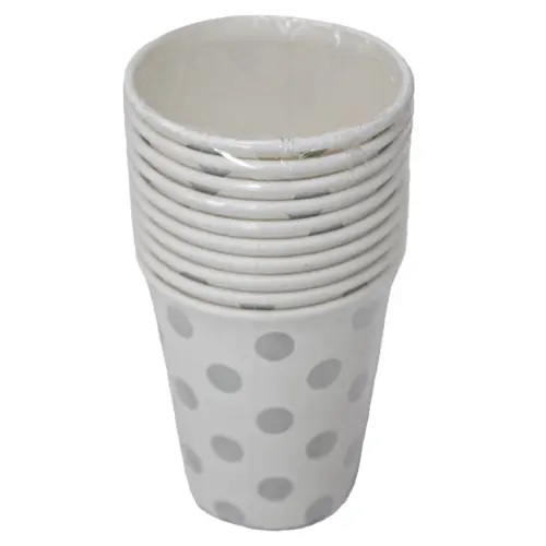 Paquete de 10 piezas de vaso desechable blanco con puntos plateados de 7x9cm