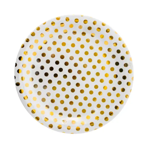 Paquete de 10 piezas de plato desechable blanco con puntos dorados de 23cm