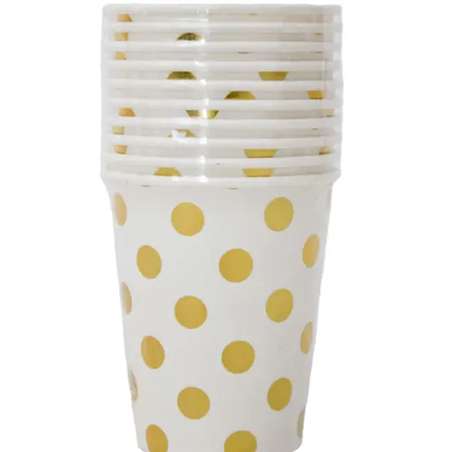 Paquete de 10 piezas de vaso desechable blanco con puntos dorados de 7x9cm