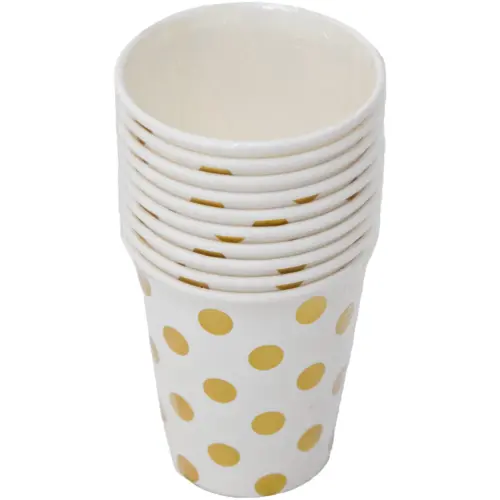 Paquete de 10 piezas de vaso desechable blanco con puntos dorados de 7x9cm