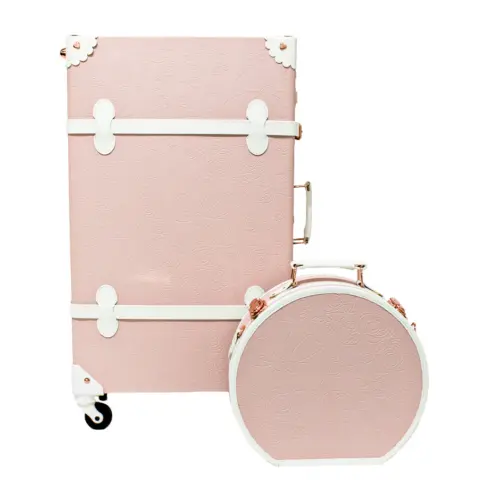 Juego de 2 maletas rosa con correas blancas