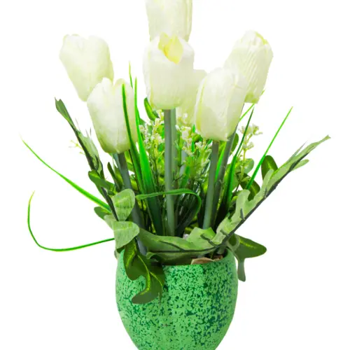 Maceta verde con de tulipanes blancos de 8x4x25cm