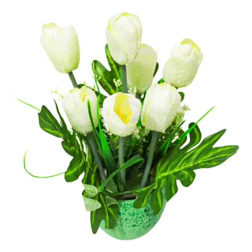 Maceta verde con de tulipanes blancos de 8x4x25cm