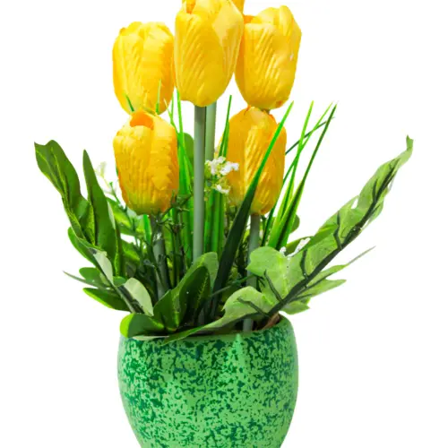 Maceta verde con de tulipanes amarillos de 8x4x25cm