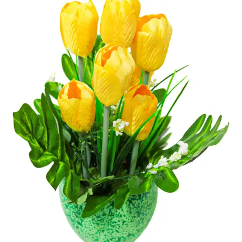 Maceta verde con de tulipanes amarillos de 8x4x25cm