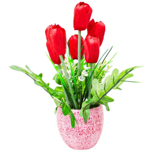 Maceta rosa con de tulipanes rojos de 8x8x25cm