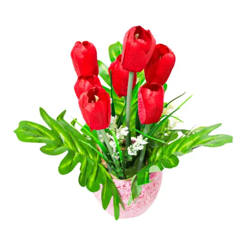 Maceta rosa con de tulipanes rojos de 8x8x25cm