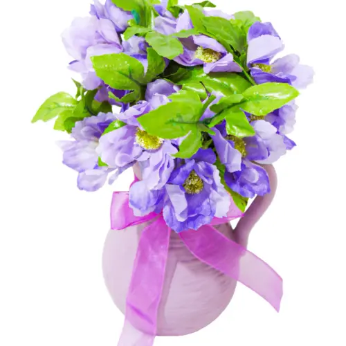 Maceta con flores de margaritas purpura de 8x10x21cm