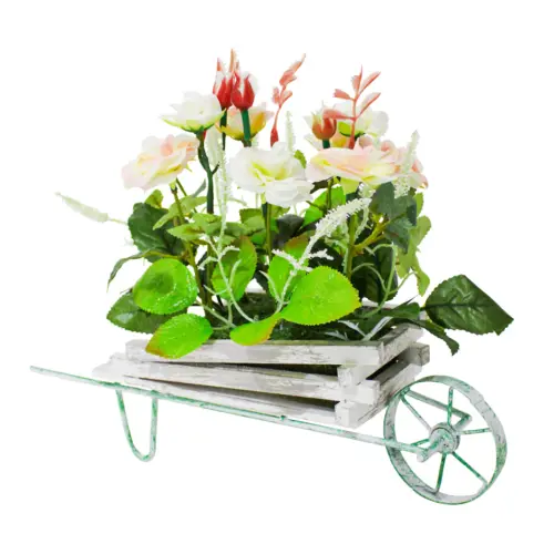 Maceta diseño carretilla con rosas blancas de 13x27x24cm