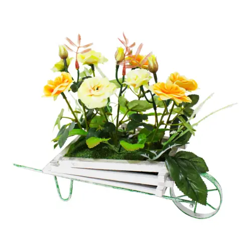 Maceta diseño carretilla con rosas amarillas de 13x27x24cm