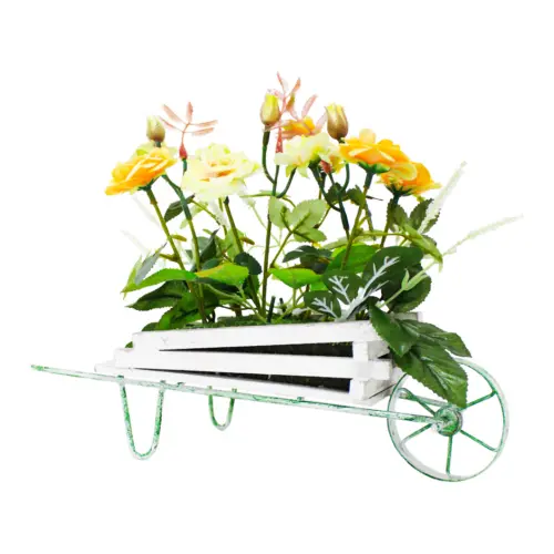 Maceta diseño carretilla con rosas amarillas de 13x27x24cm