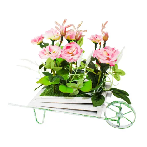 Maceta diseño carretilla con rosas rosa de 13x27x24cm