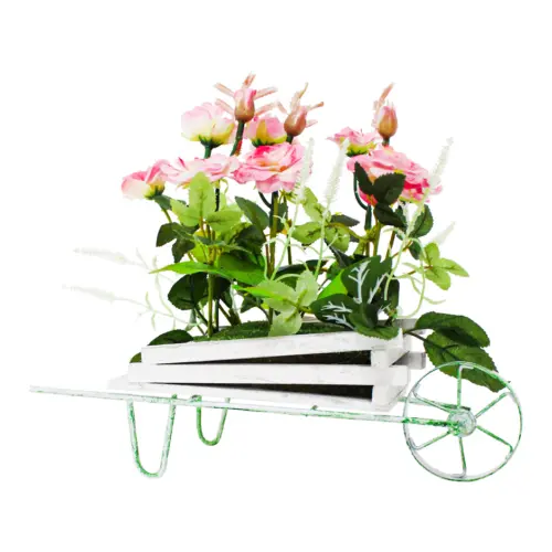 Maceta diseño carretilla con rosas rosa de 13x27x24cm