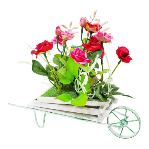 Maceta diseño carretilla con rosas rojas de 13x27x24cm