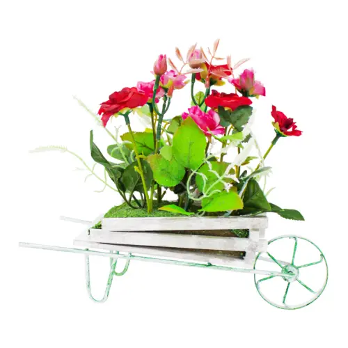 Maceta diseño carretilla con rosas rojas de 13x27x24cm