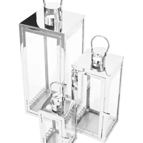 Juego de 3 candelabros de metal plateados de 18x18x46cm