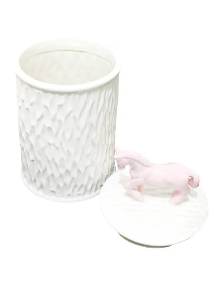 Bote de cerámica blanco con tapa de caballo rosa de 12.3x12.3x25cm - Image 3