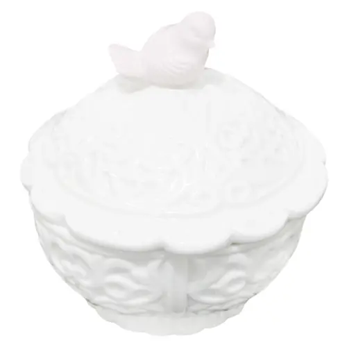 Bombonera de cerámica blanca con ave de 13.6×13.6×15.5cm