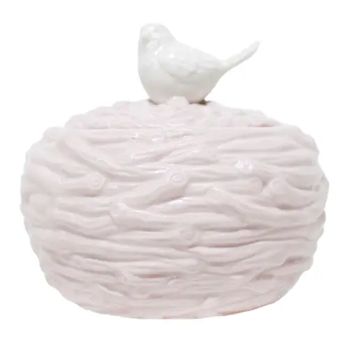 Bombonera de cerámica rosa con ave de 13.5×13.5x13cm
