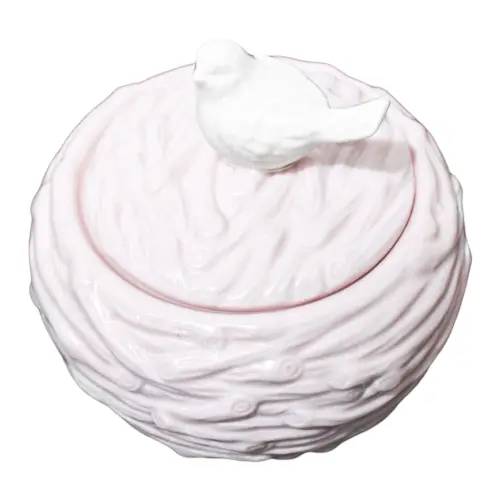 Bombonera de cerámica rosa con ave de 13.5×13.5x13cm