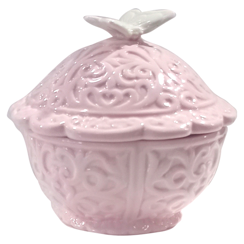 Bombonera de cerámica rosa con mariposa de 15x15x13cm