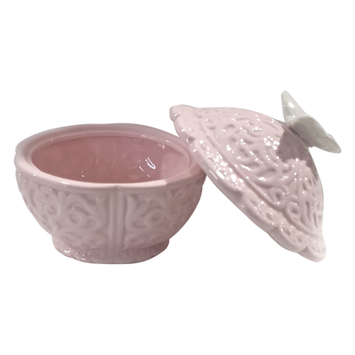 Bombonera de cerámica rosa con mariposa de 15x15x13cm