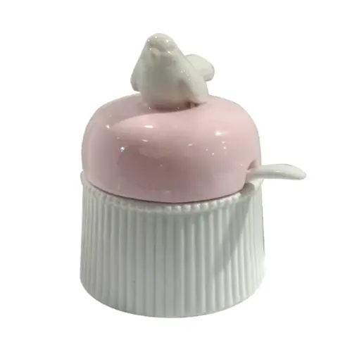 Azucarera de cerámica blanca con rosa y ave de 8.2×8.2×10.5cm