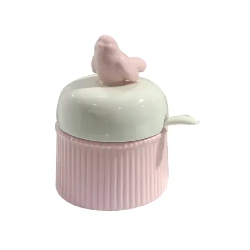 Azucarera de cerámica rosa con blanco y ave de 8.2×8.2×10.5cm