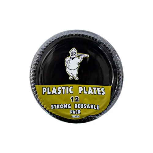 Paquete de 12 platos de plástico negro de 22.5cm
