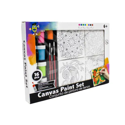 Juego de pinturas con marco de lienzo con pinturas acrílicas y pinceles con 16 piezas
