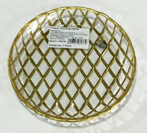 Plato de presentación de vidrio transparente con rombos dorados de 15cm