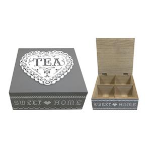 Caja p/Té de madera c/ 4 espacios gris 18x18x7cm