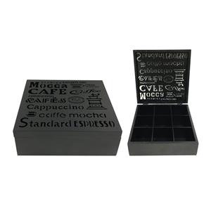 Caja de madera p/ Té c/9 espacios negra con diseños textos de café 24x24x8cm
