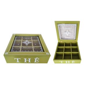 Caja de madera con tapa de vidrio para Té c/ 9 espacios verde de 24x24x7cm