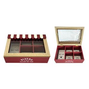 Caja de madera con 5 divisiones con tapa de cristal y textos blancos con rojo de 24x16x7.5cm