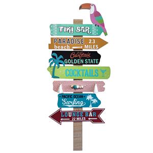 Placa de madera con varias señalizaciones y tucán de 27×63.5×1.5cm